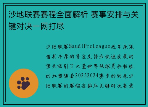 沙地联赛赛程全面解析 赛事安排与关键对决一网打尽