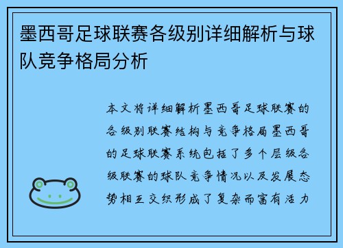 墨西哥足球联赛各级别详细解析与球队竞争格局分析