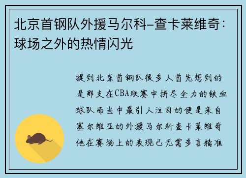北京首钢队外援马尔科-查卡莱维奇：球场之外的热情闪光