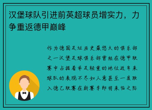 汉堡球队引进前英超球员增实力，力争重返德甲巅峰