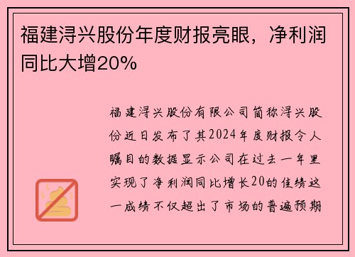 福建浔兴股份年度财报亮眼，净利润同比大增20%